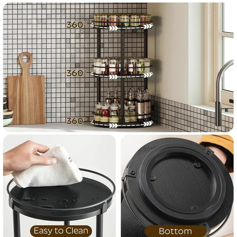 Three Tier Lazy Susan Organizer With 360 Degree Rotation Ball Bearing Turntable Spice Rack for kitchen countertop with spices and jars