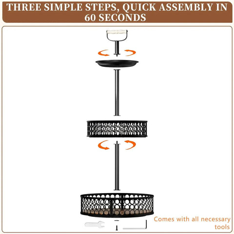 Exploded view of Three-Tier Lazy Susan Organizer With Detachable Metal Rotating Spice Rack, showing assembly process in three steps.