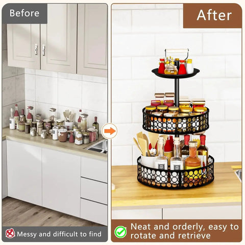 Before and after using Three-Tier Lazy Susan Organizer With Detachable Metal Rotating Spice Rack in kitchen, showing neat spice storage.
