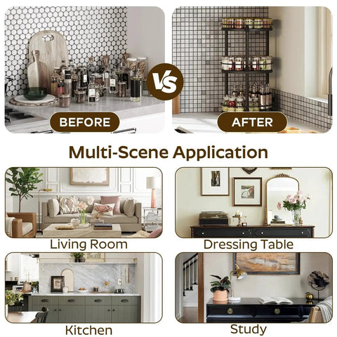 Before and after comparison of Three Tier Lazy Susan Organizer on kitchen counter, with additional applications in living room, dressing table, kitchen, and study.
