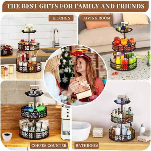 Three-Tier Lazy Susan Organizer With Detachable Metal Rotating Spice Rack shown in kitchen, living room, coffee counter, and bathroom.