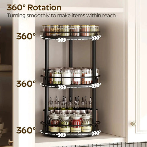 Three Tier Lazy Susan Organizer With 360 Degree Rotation Ball Bearing Turntable Spice Rack in cabinet with spices and condiments