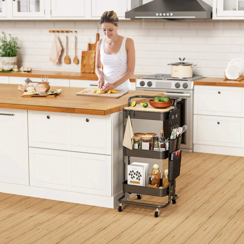 Three Tier Metal Utility Rolling Cart With Table Top And Side Bags Mesh Tray Storage Organizer On Wheels With Four Hooks in kitchen