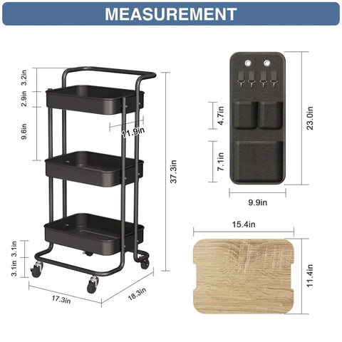 Dimensions of Three Tier Metal Utility Rolling Cart With Table Top And Side Bags Mesh Tray Storage Organizer On Wheels