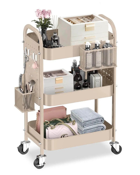 3 Tier Rolling Cart With DIY Pegboard Panels, Metal Utility Cart On Wheels Featuring Adjustable Front Or Side Pegboards