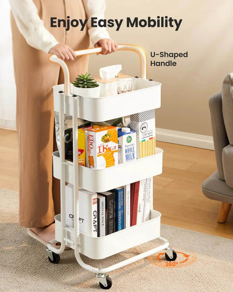 Three Tier Mesh Rolling Utility Cart With Handle And Lockable Wheels For Kitchen Office And Living Room White Finish Pipishell Metal Storage Cart With Versatile Shelves For Easy Organization