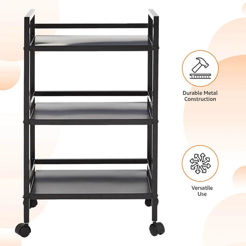 Front view of Three Tier Metal Rolling Utility Cart with Open Shelves for Quick Access and Grab and Go Mobility, black metal construction.