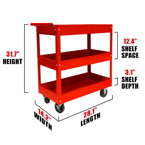 Three Tier Stainless Steel Service Cart With Smooth Rolling Wheels For Garage, Warehouse, And Workshop, 400 Pound Capacity