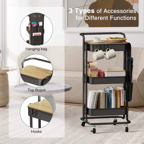 Black finish three tier metal utility rolling cart with table top, side bags, mesh trays and four hooks on wheels for kitchen use.