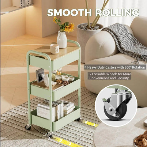 Three Tier Rolling Cart With Table Top Heavy Duty Metal Utility Cart With Locking Wheels And Hooks in living room setup