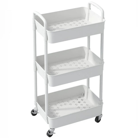 Three Tier Rolling Utility Cart With Handle For Office Kitchen And Living Room Grab And Go Moveable Storage Trolley On Wheels White