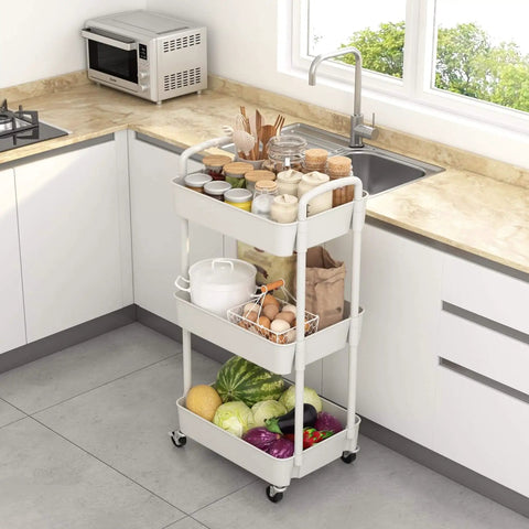 Three Tier Rolling Utility Cart With Handle For Office Kitchen And Living Room Grab And Go Moveable Storage Trolley On Wheels White Heavy Duty Plastic And Iron Frame Lockable Wheels Easy To Move And Organize in kitchen with food items