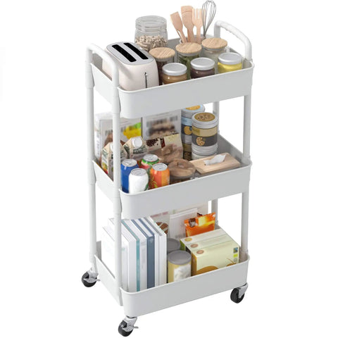 Three Tier Rolling Utility Cart With Handle For Office Kitchen And Living Room Grab And Go Moveable Storage Trolley On Wheels