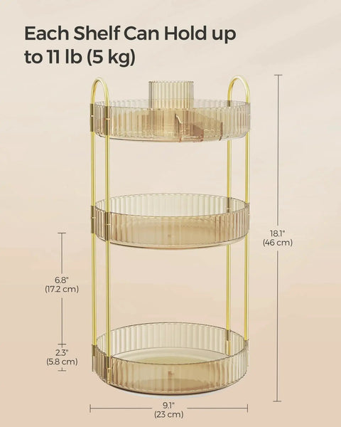 Three Tier Round Rotating Makeup And Skincare Organizer For Countertop Vanity In Champagne Gold With Customizable Compartments