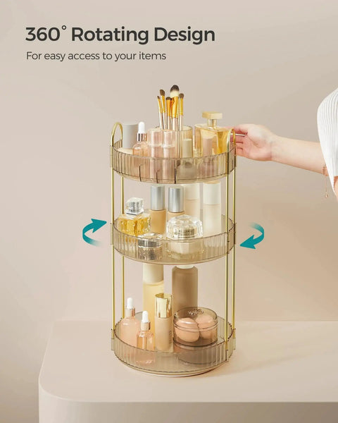 Three Tier Round Rotating Makeup And Skincare Organizer For Countertop Vanity in Champagne Gold showing 360° rotation feature.