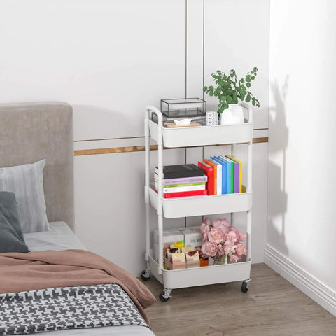 Three Tier Rolling Utility Cart with Handle for Office Kitchen and Living Room Grab and Go Moveable Storage Trolley on Wheels White
