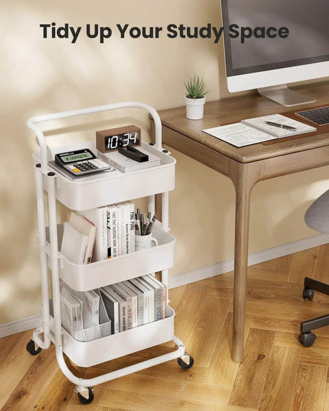 Three Tier Mesh Rolling Utility Cart With Handle And Lockable Wheels For Kitchen Office And Living Room White Finish Pipishell Metal Storage Cart With Versatile Shelves For Easy Organization in office setting