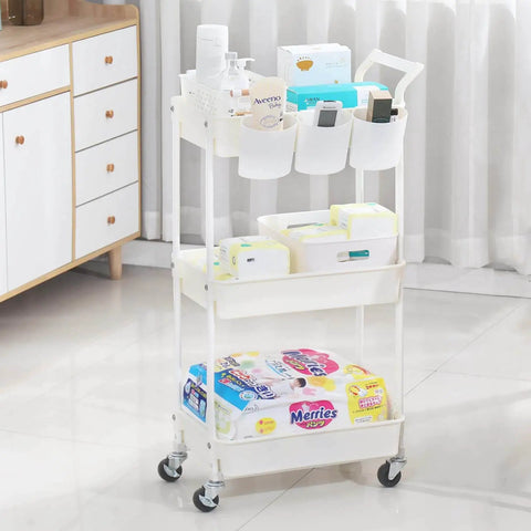 Three Tier Utility Rolling Cart With Lockable Caster Wheels And Three Hanging Baskets, Mobile Storage Shelves Organizer displayed in room