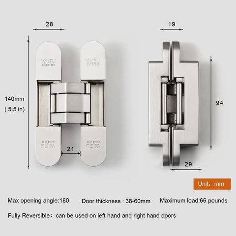Dimensions of Three Way Adjustable Invisible Hinges for hidden doors, 180 degree swing, slick zinc alloy, 5.5 inch, by YAGU.