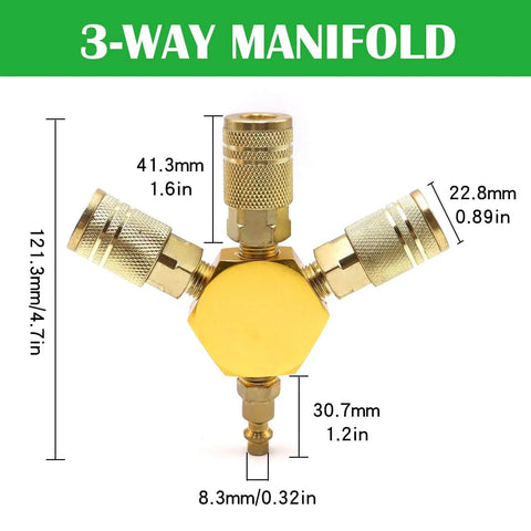 Front view of Air Splitter Three Way Manifold With Brass Industrial Couplers And One Quarter Inch Plug For Air Compressor Hose Quick Connect Fittings, Heavy Duty Iron Aluminum Alloy, Corrosion Resistant, Inlet One Quarter Inch FNPT, Outlets Three with dimensions.