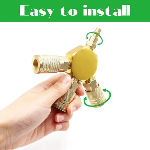 Air Splitter Three Way Manifold With Brass Industrial Couplers And One Quarter Inch Plug For Air Compressor Hose Quick Connect Fittings, handheld