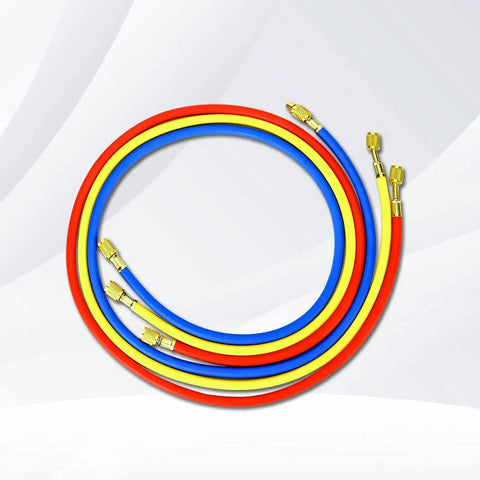 Three Point Five CFM Vacuum Pump With Three Way Manifold Gauge Set hoses in red, blue, and yellow for HVAC Refrigeration systems