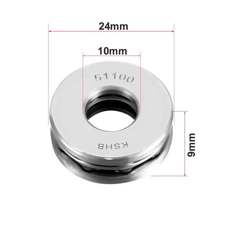 Thrust Ball Bearing Set 10mm 24mm 9mm Chrome Steel ABEC 3 Single Row 5 Piece Pack front view dimensions shown