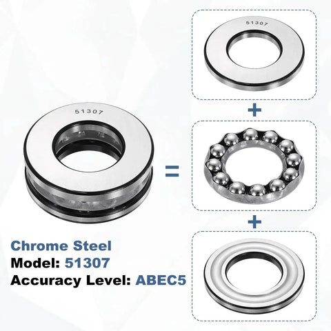 Components of Heavy Duty Thrust Ball Bearing Uxcell for Machinery with 35mm bore 68mm OD 24mm thick 51307 with chrome steel makeup.