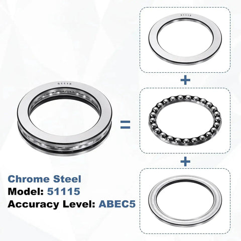 Thrust Ball Bearing With 75mm Bore And 100mm Outer Diameter, 19mm Thick, Heavy-Duty Chrome Steel Axial Roller Bearing ABEC5 51115