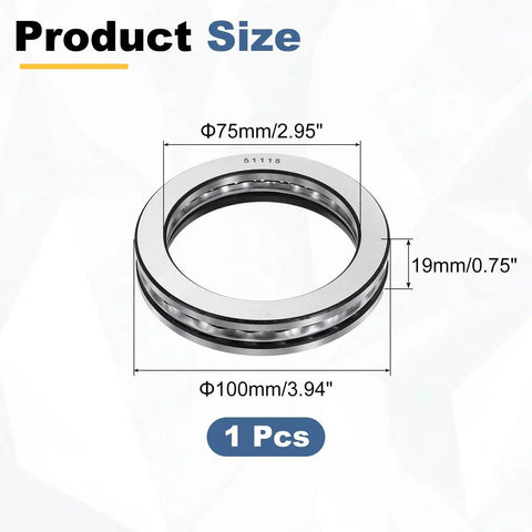 Thrust Ball Bearing With 75mm Bore And 100mm Outer Diameter, 19mm Thick, Heavy-Duty Chrome Steel Axial Roller Bearing ABEC5