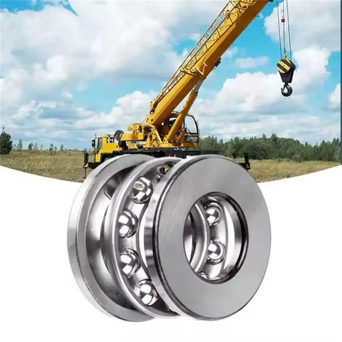 2 Pack 51101 Thrust Ball Bearings for plane axial use, chrome steel AISI 52100 with brass cage, shown in front of construction crane.