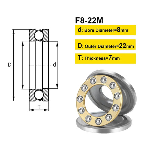 Thrust Ball Bearings, 10pcs F8-22M Miniature Plane Axial Ball Bearing 3-in-1, 8mm x 22mm x 7mm Chrome Steel Single Direction diagram