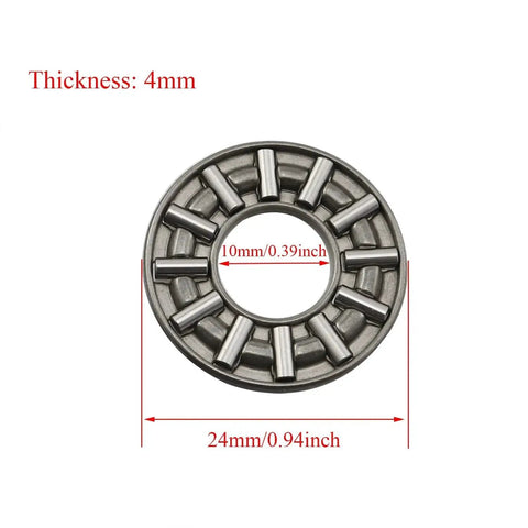 Image of Thrust Needle Roller Bearing Set AXK1024 with Washers, showing 10mm bore, 24mm outer diameter, and 4mm thickness.