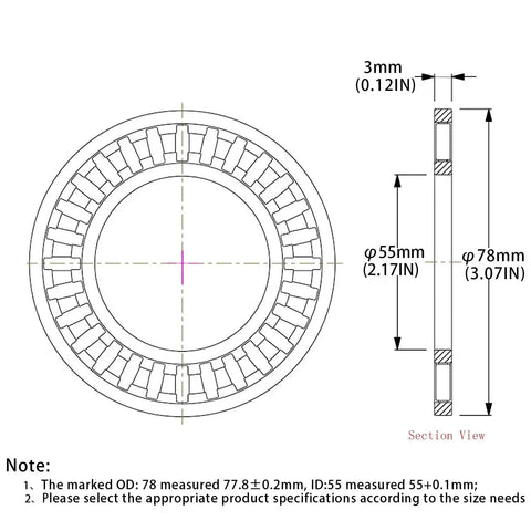 Diagram of Two Sets Of Thrust Needle Roller Bearings With Four Washers 55mm Inner Diameter 78mm Outer Diameter 3mm Width AXK5578