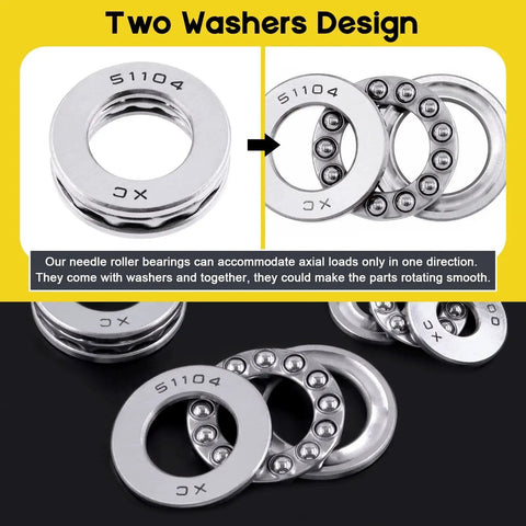 Nine Piece Thrust Needle Roller Bearing Set With Washers In Three Sizes 10x24x9Mm 17x30x9Mm And 20x35x10Mm Chrome Steel For Automobiles Pumps And Machine Tools Durable High Precision With Ready To Use Washers By Mardatt, showing a two washers design.