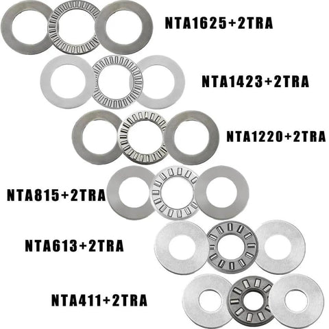 4 Sets NTA815+2TRA, thrust needle roller bearings with two washers, various sizes shown, ID 1/2", OD 15/16", metal components