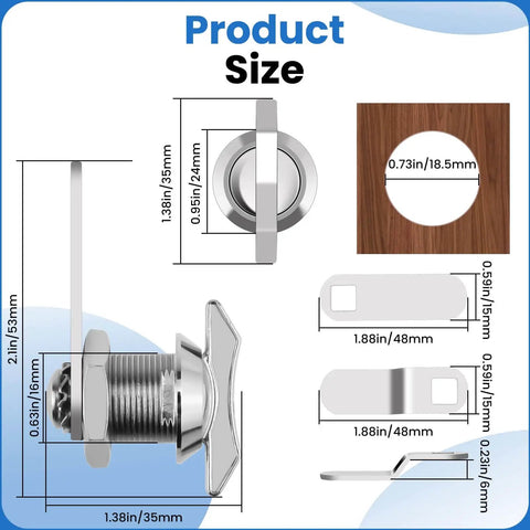 Thumb Operated Offset Cam Lock Five Eighth Inch Keyless Compartment Replacement Lock For RV Storage Doors Cabinets Mailboxes Drawers And Vehicles Durable Zinc Alloy Construction With Easy One Hand Locking dimensions and components view