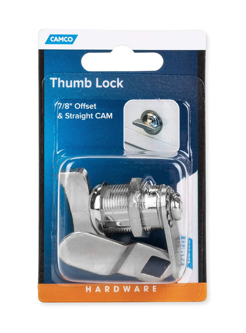 Thumb Operated Offset Cam Lock In Multicolor Finish For Cabinet Or Storage Compartments Seven Eighths Inch Backset With Face Plate Mount Includes Straight And Offset CAM For Easy Turn Security And Flexible Replacement Installations in retail packaging