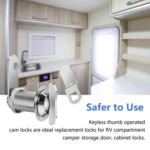 Secure RV compartments, cabinets and drawers with a thumb operated offset cam lock featuring a 1 inch cylinder for doors up to 0.75 inch thick, offering durable zinc alloy construction, reliable non locking protection, and easy access, shown installed in RV interior.