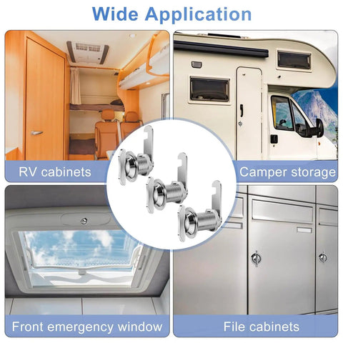 Secure RV compartments, cabinets and drawers with a thumb operated offset cam lock featuring a 1 inch cylinder for doors
