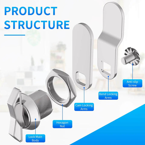 Illustration showing structure parts of five 5/8 inch thumb-operated offset cam locks with zinc alloy and chrome finish
