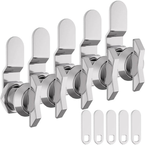 Five 5/8 inch thumb-operated offset cam locks provide secure, keyless locking for RV compartments, cabinets, with zinc alloy housing.