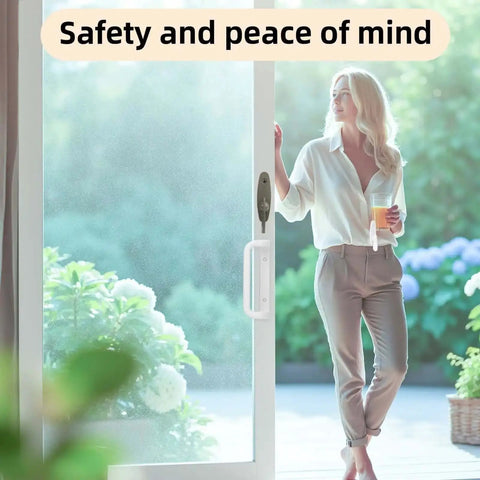 Woman standing by sliding door with Heavy Duty Thumb Latch Replacement For Sliding Patio Doors Zinc Alloy Lock With Tribeca Style