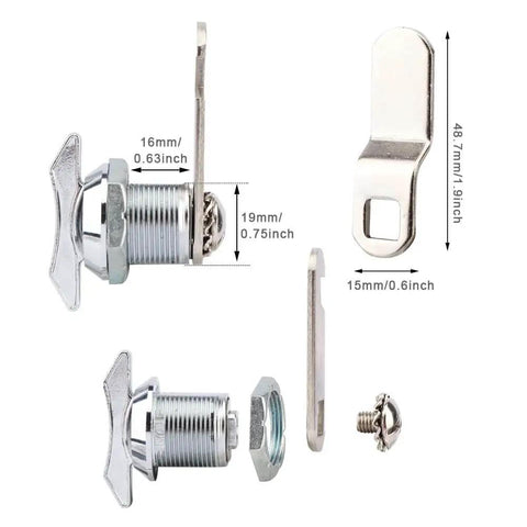 Effortless, keyless access with a thumb operated offset cam lock for RVs, campers, storage cabinets, drawers, and mailboxes; simply turn the wing handle to lock or unlock, compact 19x16mm size, color S