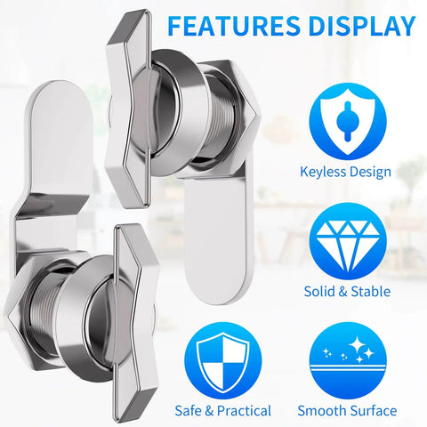 Five 5/8 inch thumb-operated offset cam locks provide secure, keyless locking for RV compartments, cabinets, mailboxes, drawers.