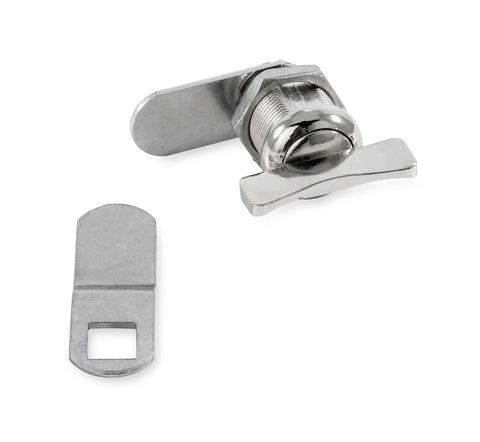 Thumb Operated Offset Cam Lock In Multicolor Finish For Cabinet Or Storage Compartments Seven Eighths Inch Backset With Face Plate Mount Includes Straight And Offset CAM For Easy Turn Security And Flexible Replacement Installations