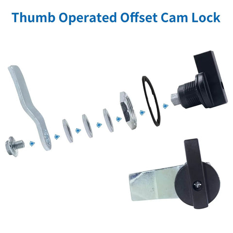 Exploded view of Two Pack Thumb Operated Offset Cam Locks, Durable Zinc Alloy, Wear And Corrosion Resistant, 23mm Thread And 59mm Latch.