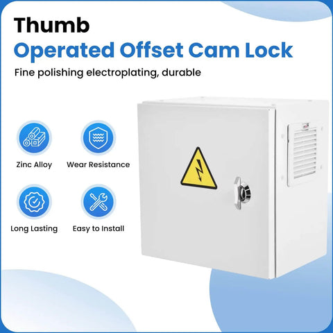 Thumb Operated Offset Cam Lock Five Eighth Inch Keyless Compartment Replacement Lock on a mounted white cabinet
