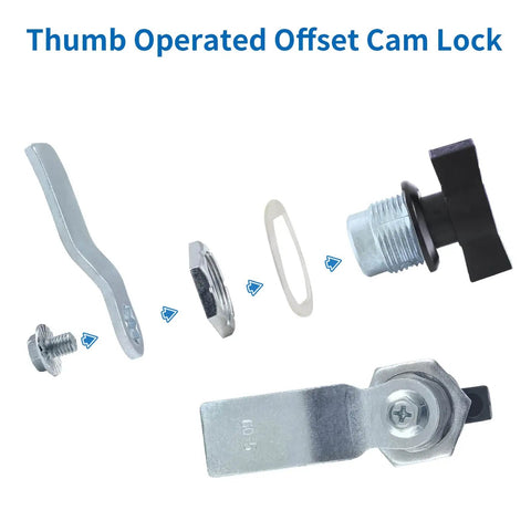 Exploded view of two thumb operated offset cam locks with black handles for cabinets, drawers, mailboxes, RV compartments, and lockers.