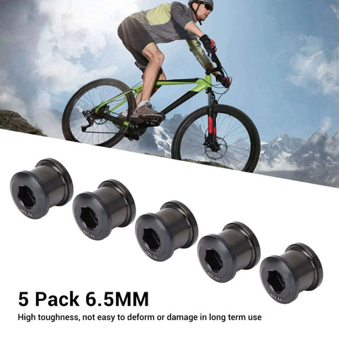 Cyclist riding with Ti Alloy Chainring Bolts, 6.5mm Single Speed Bike Chain Ring Screws displayed, Integrated Tooth Design, 5-Pack with Sticker shown
